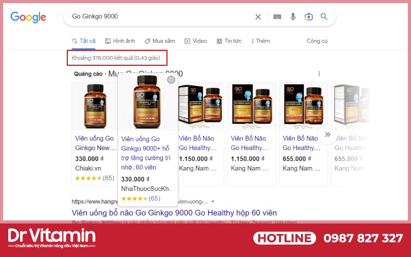 Viên uống bổ não Go Ginkgo 9000 có tới hơn 300.000 kết quả tìm kiếm trên Google
