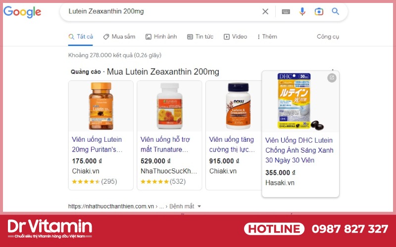 Lutein Zeaxanthin 20mg có gần 300.000 kết quả tìm kiếm trên Google