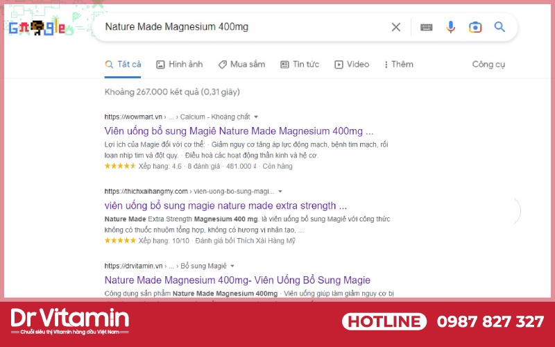 Nature Made Magnesium 400mg có đến gần 300.000 kết quả tìm kiếm trên Google